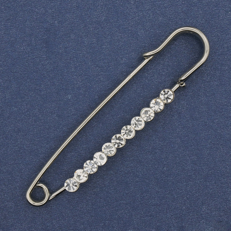 Brooch pin with white crystals 60×12 mm ± silver-tone metal