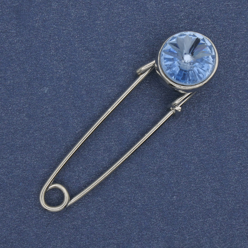Blue crystal brooch pin 38×10 mm +/- silver metal