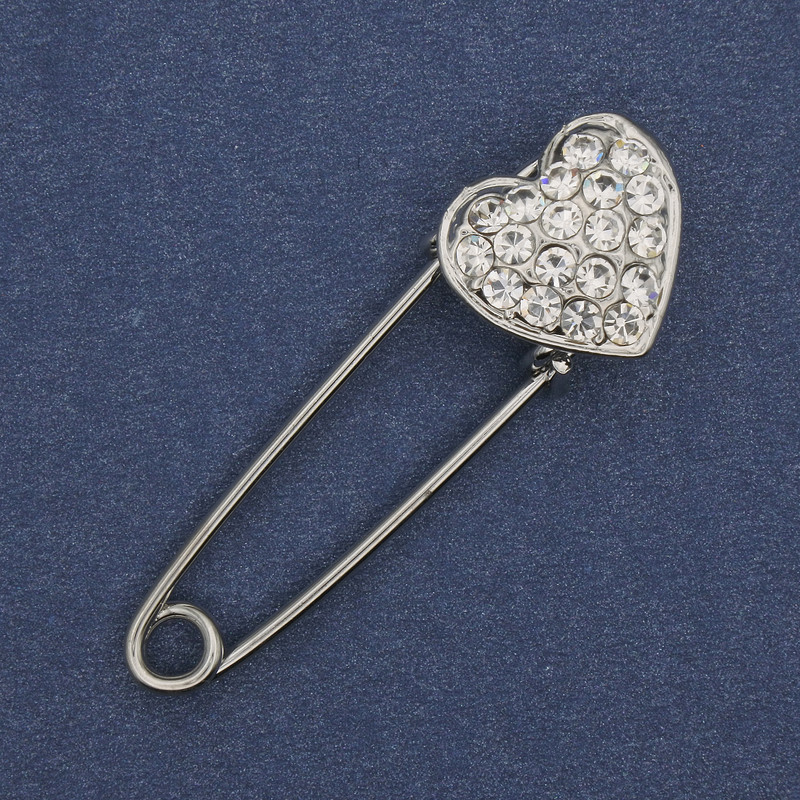 Brooch pin with white crystals, 38×12 mm, silver-tone metal