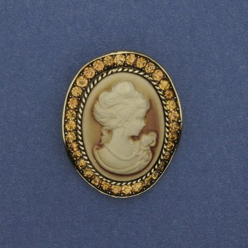 Cameo Brooch-Pendant 'Lady' with Rhinestones in Golden Metal 43x38 mm +