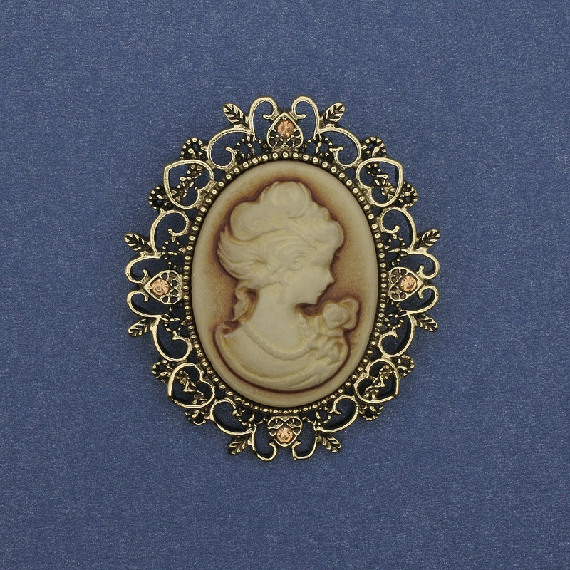 Cameo Brooch 'Lady' with Crystals, Gold-Tone Metal, 48×44 mm +