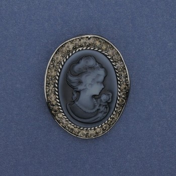 Cameo Brooch/Pendant 'Lady' with Rhinestones, Silvery Metal, 43x38 mm +