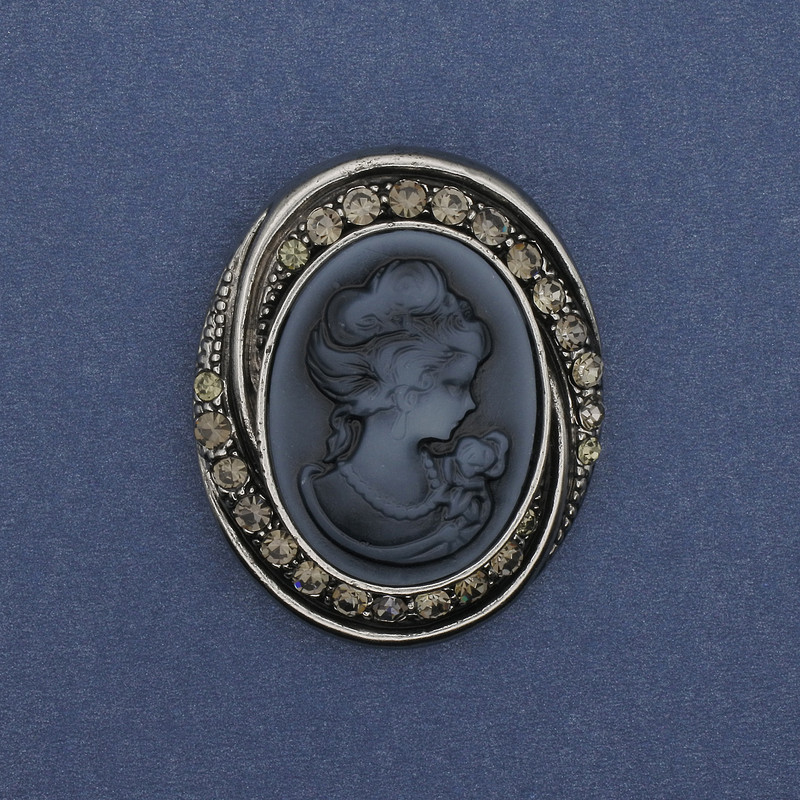 Cameo Lady Brooch Pendant, Rhinestones, Silver-Toned Metal, 44×37 mm +