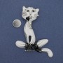 Magnetic Cat Brooch with Enamel and Rhinestones, Silver-Colored Metal, 62x56 mm+