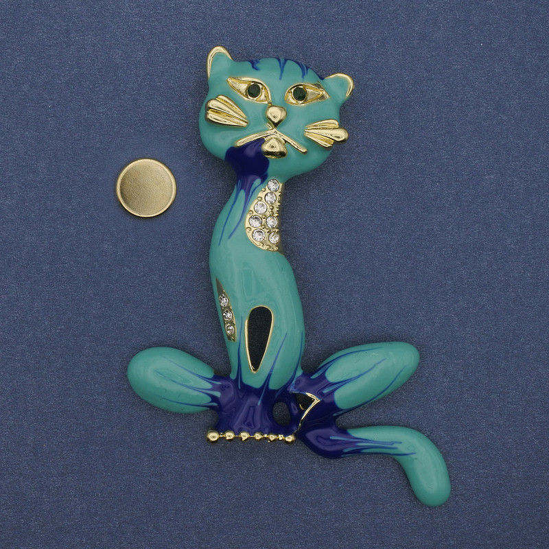 Magnetic Cat Brooch with Enamel and Crystals, Gold-Tone Metal, 62x56mm+