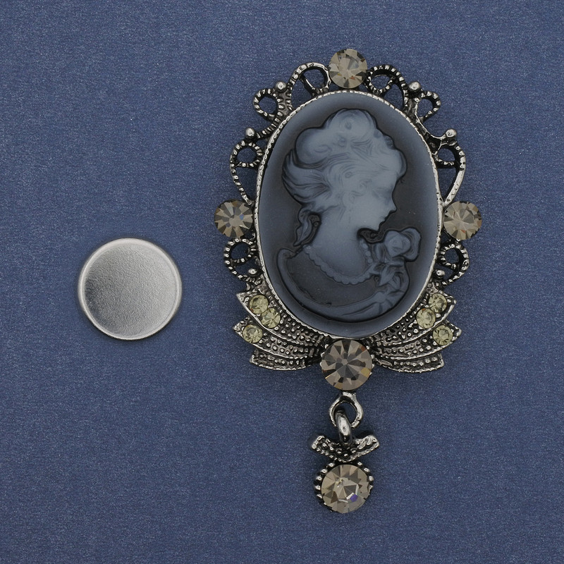 Cameo Lady Brooch on Magnetic Backing with Crystals, Silver-tone Metal 85×35 mm +