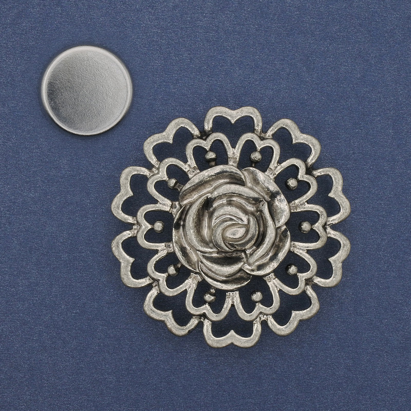Flower Brooch on Magnet, Silver-Colored Metal, 42mm+