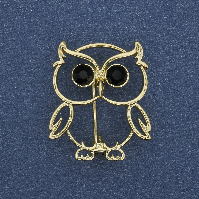 Owl Brooch with Crystals, Gold-tone Metal 30x26 mm