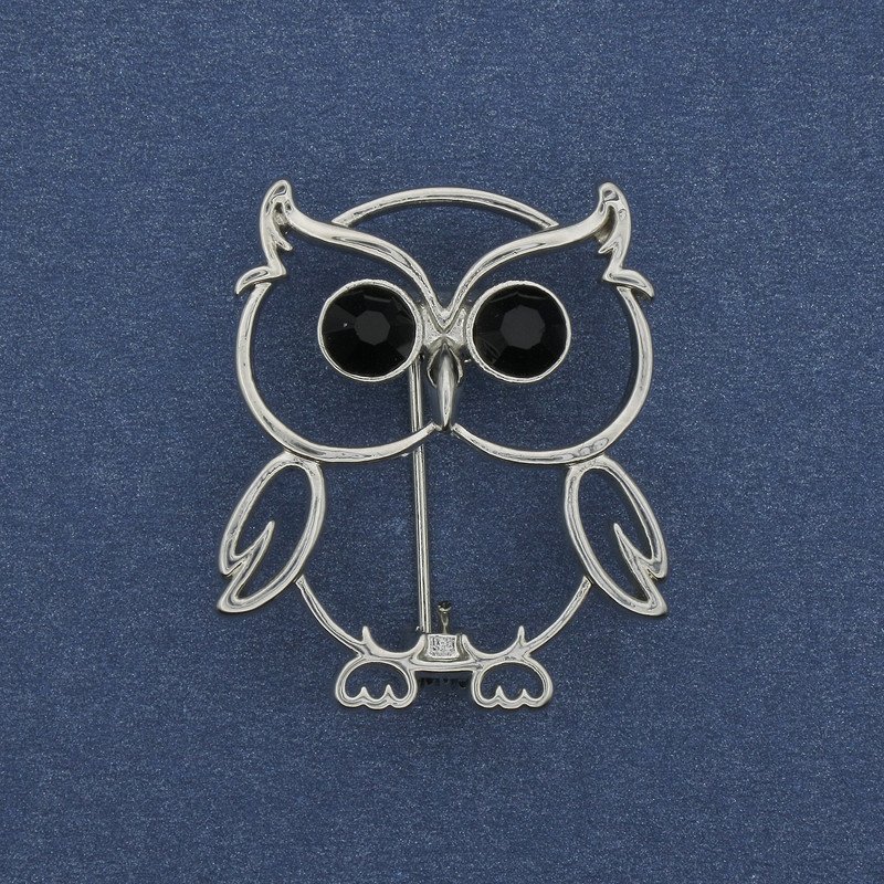 Owl Brooch with Crystals, Silver-Colored Metal, 30×26 mm+