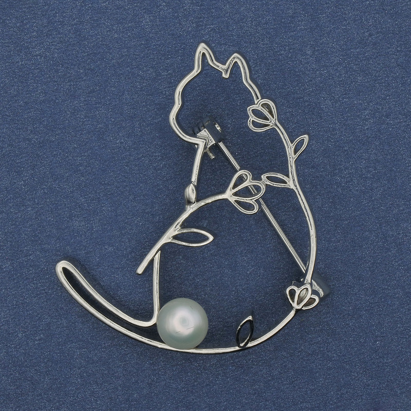 Brooch Cat with Pearl, Silvery Metal 40x34mm+