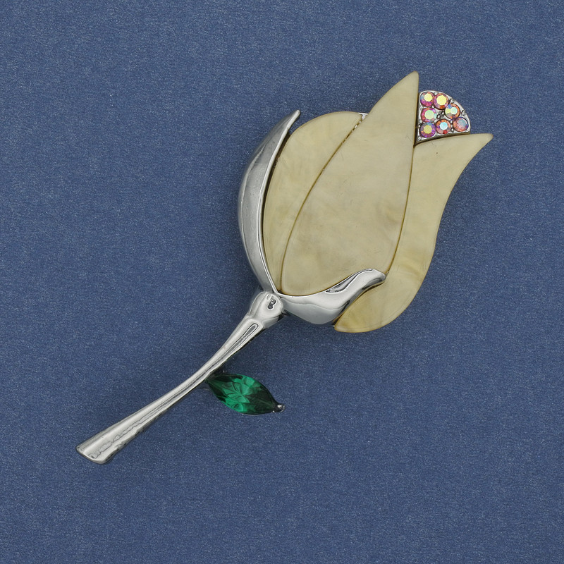 Flower Brooch-Pendant with Rhinestones, Silver Metal 70×35 mm+