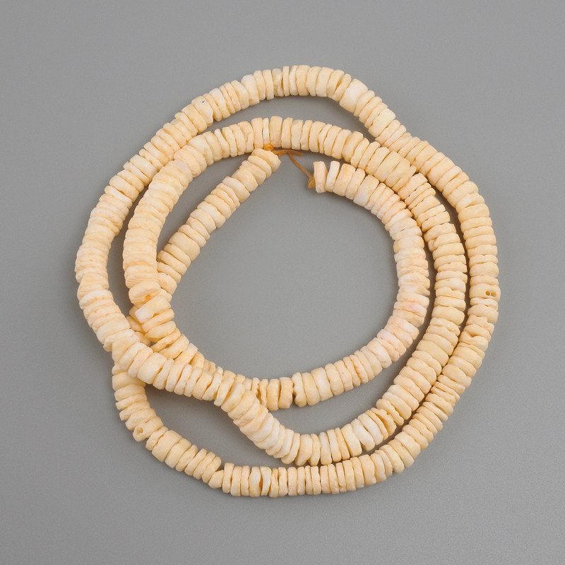 Unpolished Scapharca shell rondel beads, 6x1.5-2 mm, 60 cm +/- on beading thread