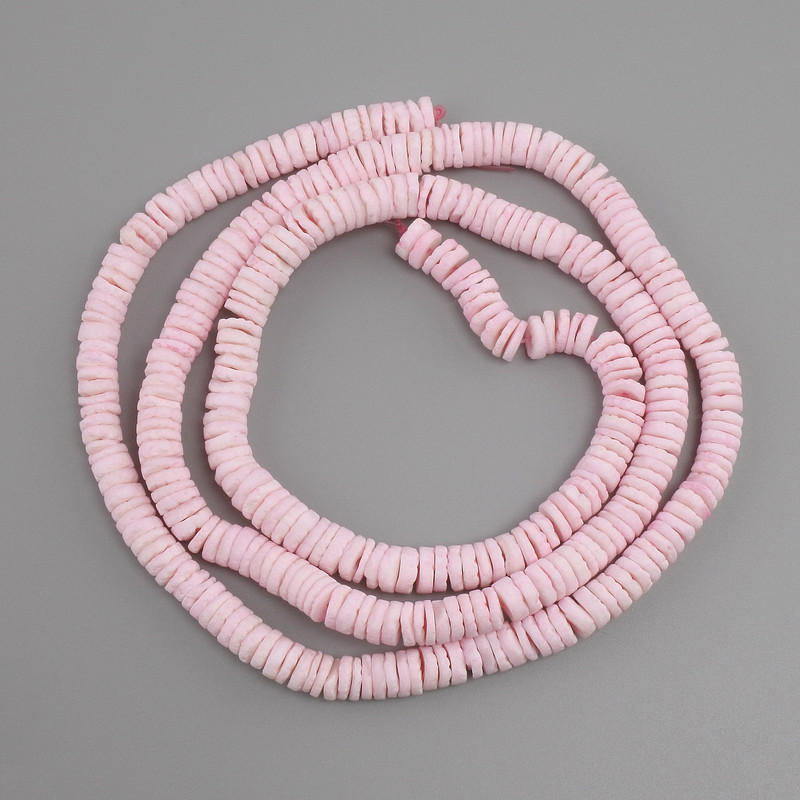 Unpolished Scapharca shell rondelle beads, 6×1.5–2 mm, 64 cm on thread