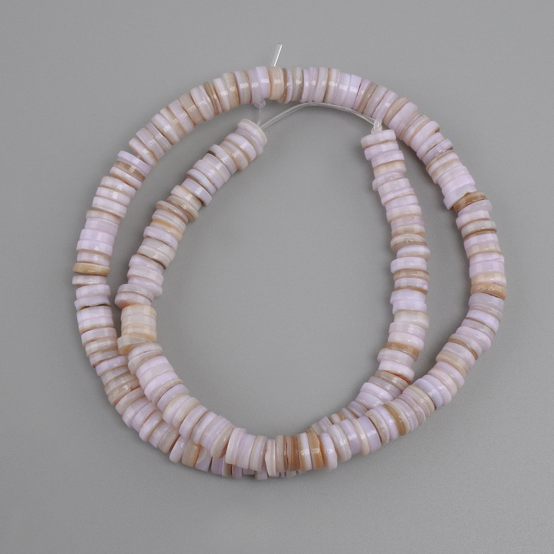 Scapharca shell beads, rondelle shape, diameter 6–6.5 mm × 1.5 mm, length 38 cm ±, on fishing line