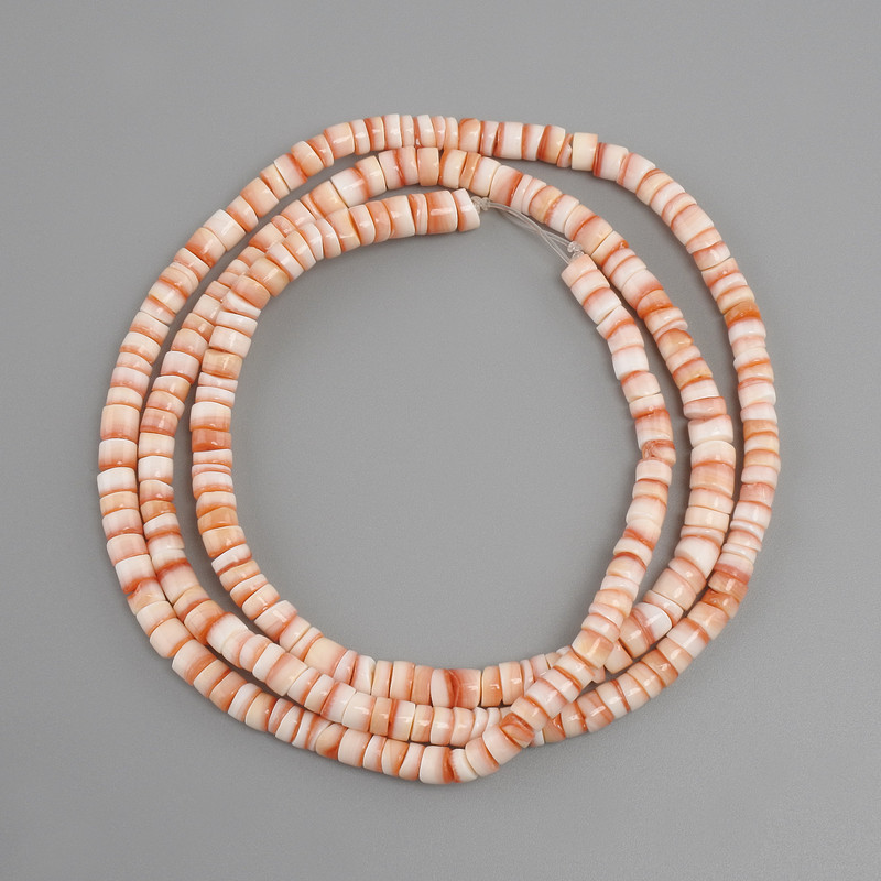 Scapharca shell rondelle beads, diameter 4×1.5–3.5 mm, length approximately 60 cm on a beading thread