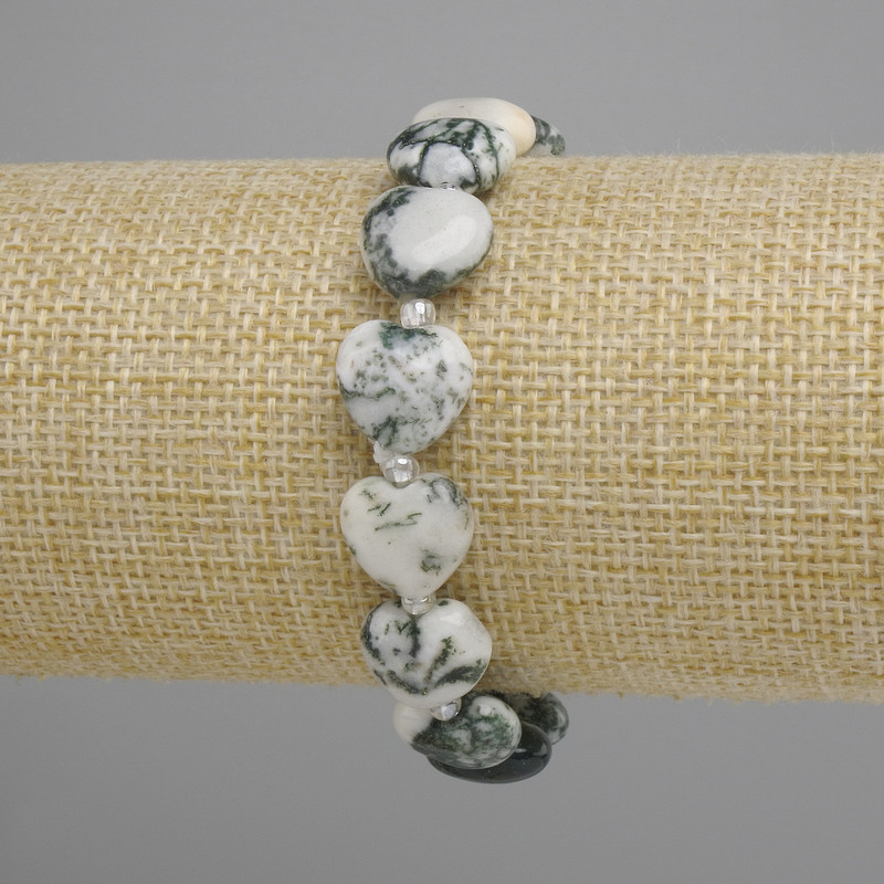 Bracelet Moss Agate Heart-Shaped, diameter 12 mm ±, seed beads 3 mm ±, length 18 cm ±, stretch