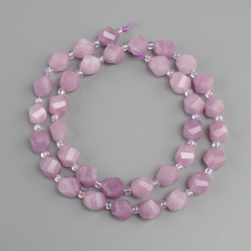 Kunzite beads, faceted diamond shape, 8x7 mm ±, seed beads 3 mm ±, length 36 cm ±