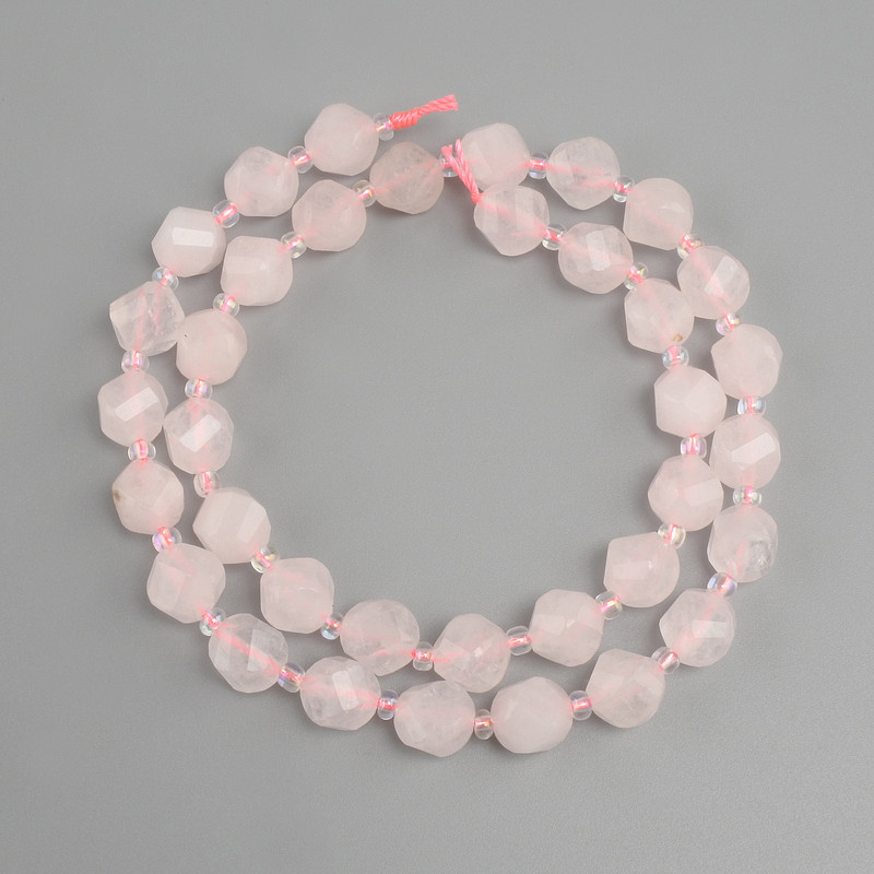 Pink Quartz Beads, Faceted Diamond-Shaped, 8×7.5 mm, 3 mm seed beads, length 36 cm