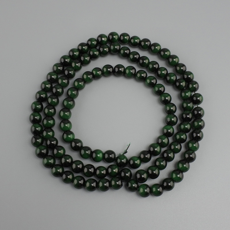Beads Green Tiger's Eye (synthetic) Smooth Round Bead, 8 mm Diameter, 80 cm Length ± on Beading Thread
