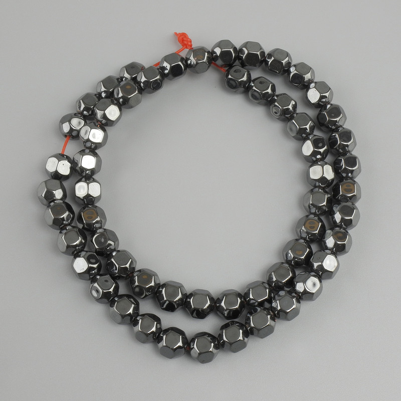 Hematite faceted round beads, diameter 10 mm, length 40 cm, on beading thread