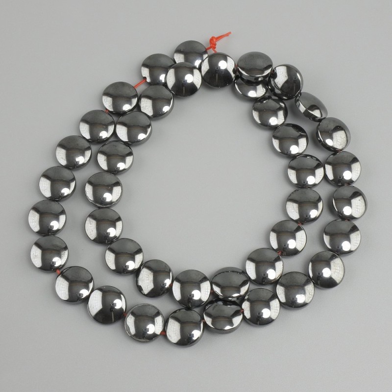 Hematite coin-shaped beads, 10 mm diameter, 40 cm length on thread ±