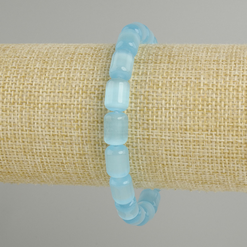 Bracelet with Blue Cat's Eye Cylindrical Beads, diameter 11×8 mm, length 18 cm, stretch