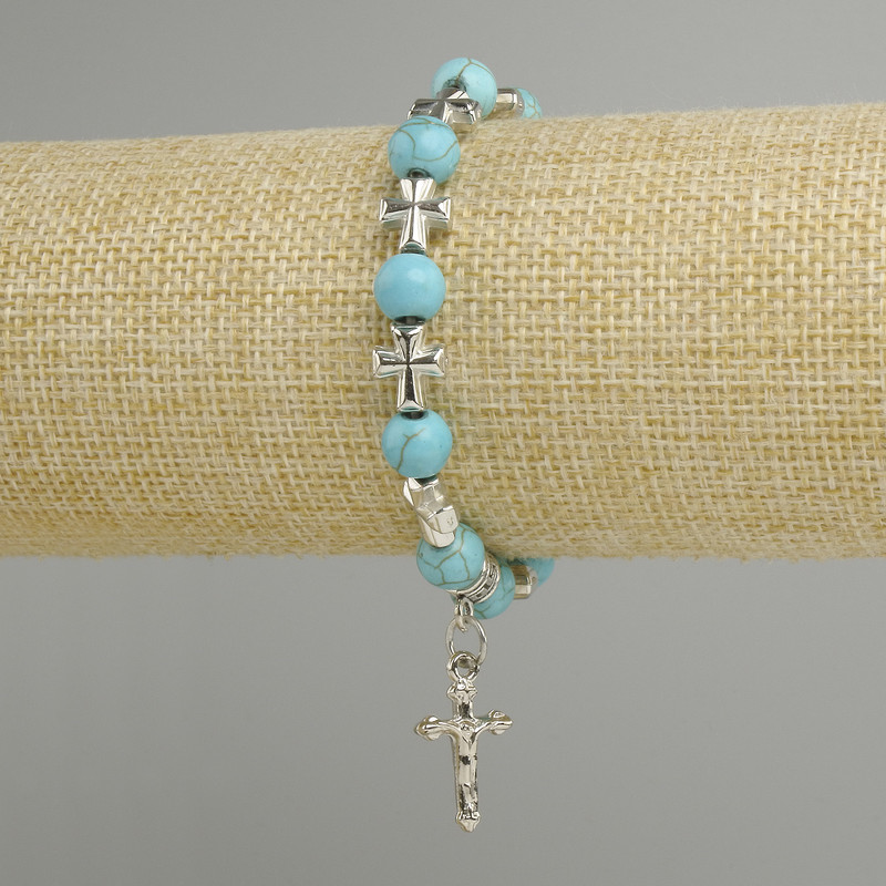 Bracelet Turquoise smooth bead 8mm, length 18 cm with inlays and cross pendant