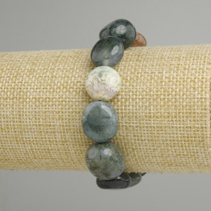 Moss Agate Bracelet, Faceted Beads, Diameter 13-16×13-15 mm +/-, Length 18 cm +/- Stretch