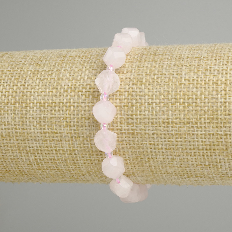 Bracelet Rose Quartz faceted rhombus beads, 8×7 mm ±, seed beads 3 mm ±, length 18 cm ± stretch