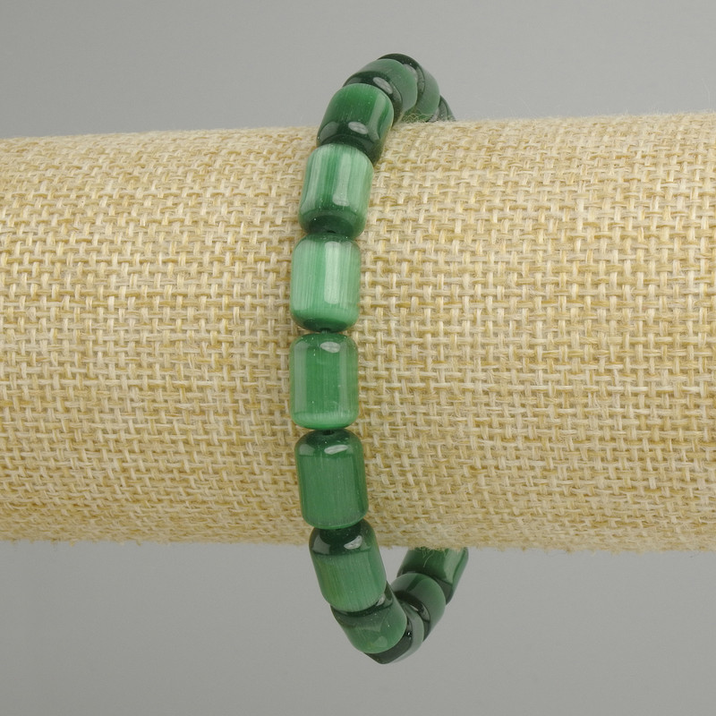 Green Cat's Eye Cylinder Bracelet, 11×7.5 mm beads, 18 cm long, elastic