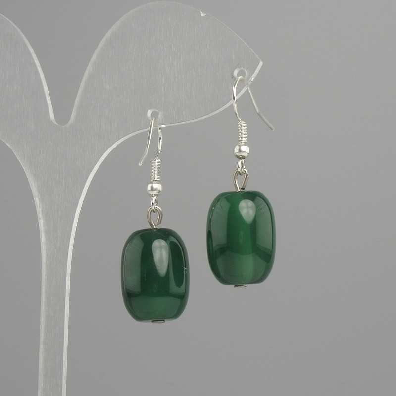 Chrysoprase barrel earrings 18×13 mm, length approx. 37 mm, Silver-tone metal
