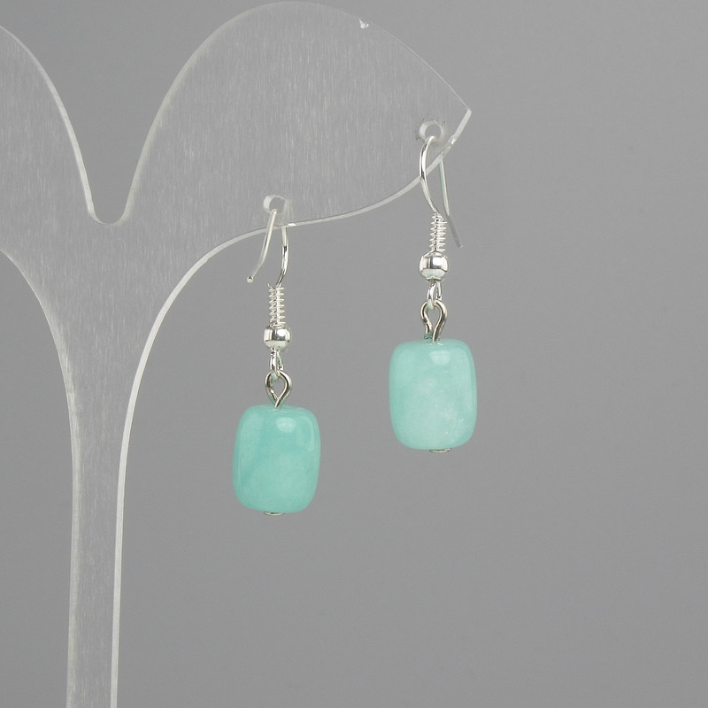 Earrings Amazonite Barrel 11×9 mm ±, length 30 mm ±, silver-tone metal