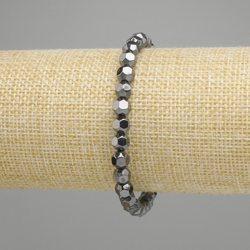 Hematite Bead Bracelet, Faceted Round Beads 6 mm, Stretch Length 18 cm ±