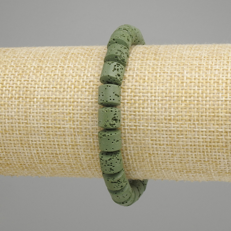 Bracelet Lava Cylinder, diameter 8x8mm±, color green, length 18cm ± stretch