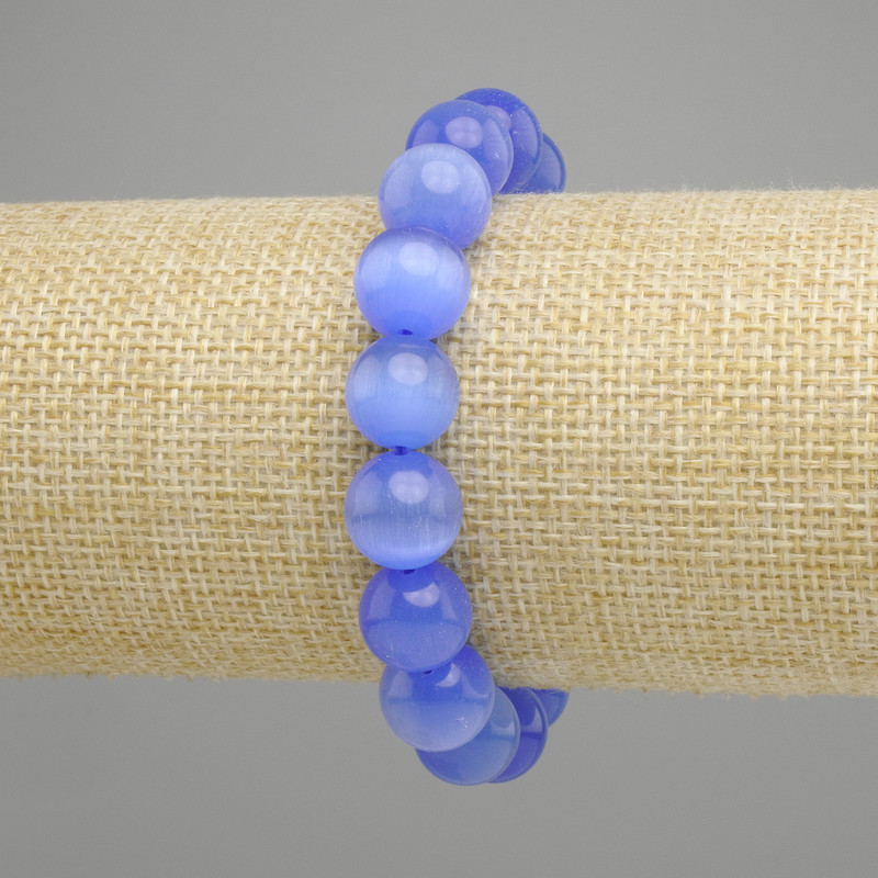Blue Cat's Eye Bead Bracelet with Smooth Round Beads 12 mm diameter, stretchable length 18 cm ±