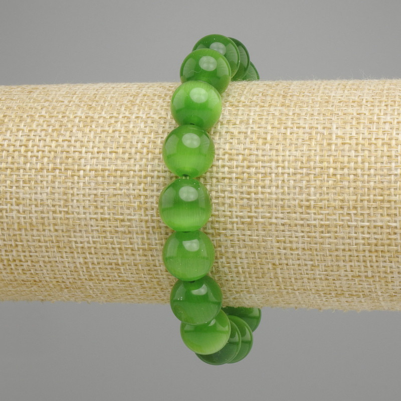 Bracelet Green Cat's Eye, Smooth Beads, diameter 11mm ±, length 18cm ±, Stretch