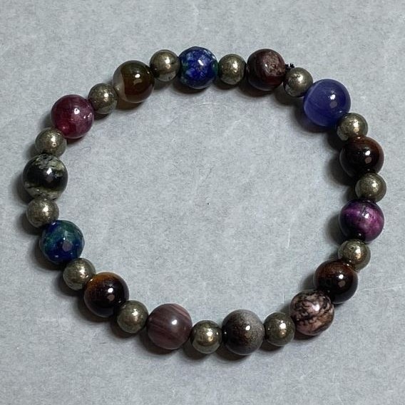 Rhodonite, Tiger's Eye and Cat's Eye Bead Bracelet with Pyrite accents, 8mm beads +/- 18cm length +/- stretch