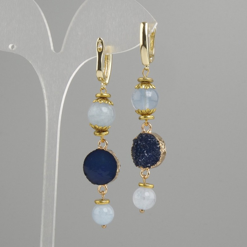 Aquamarine Earrings with a smooth bead, diameter 8–10 mm, druzy, diameter 14 mm, length 68 mm