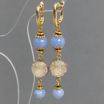 Aquamarine Earrings with a smooth bead, diameter 8–10 mm, druzy, diameter 14 mm, length 68 mm