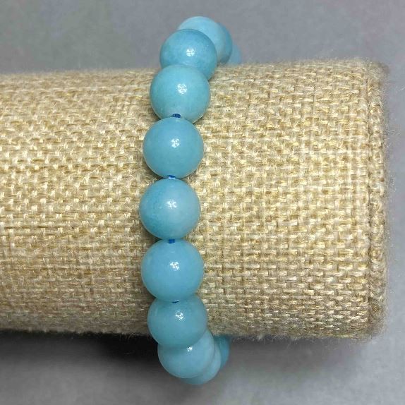 Aquamarine Bracelet Smooth Round Beads, 10mm diameter, 18cm length +/- stretch