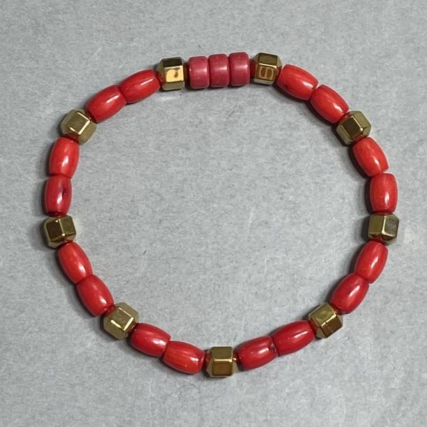 Bracelet Coral Barilo 7x5mm+- Hematite Faceted 6mm+-, length 18cm +- stretch