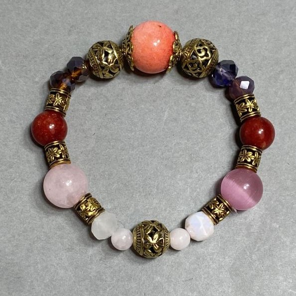 Bracelet Assorted Pink Quartz Bead 12mm+- Coral 14mm+- Jasper Bead 10mm+-, length 18cm +- stretch