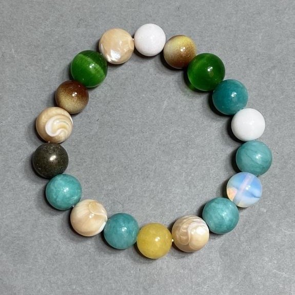 Assorted Agate Aquamarine Mother-of-Pearl Bracelet, round bead 10mm +-, length 18cm +- stretch