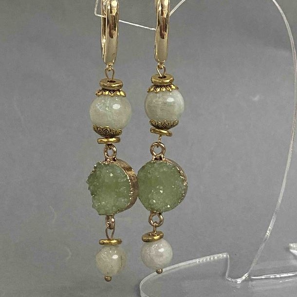 Jadeite Earrings Smooth Bead, diameter 8mm± 10mm± Druzy, diameter 14mm, length 68mm