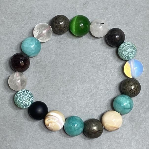 Agate Aquamarine Pyrite Bracelet Bead 10-11mm+-, length 18cm+- stretch