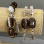 Set Bracelet and Earrings Agate Barrel 18x13 mm +/-, Length 64 mm +/-, with Metal Inserts, Length 18 cm +/- stretch