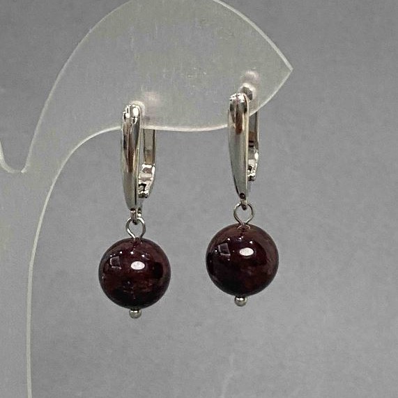 Garnet Bead Earrings, Smooth Round Balls 10 mm, Length 18 cm