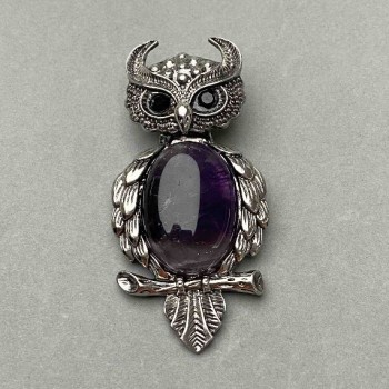 Brooch Pendant Owl Amethyst 60x28mm± black accents silver metal