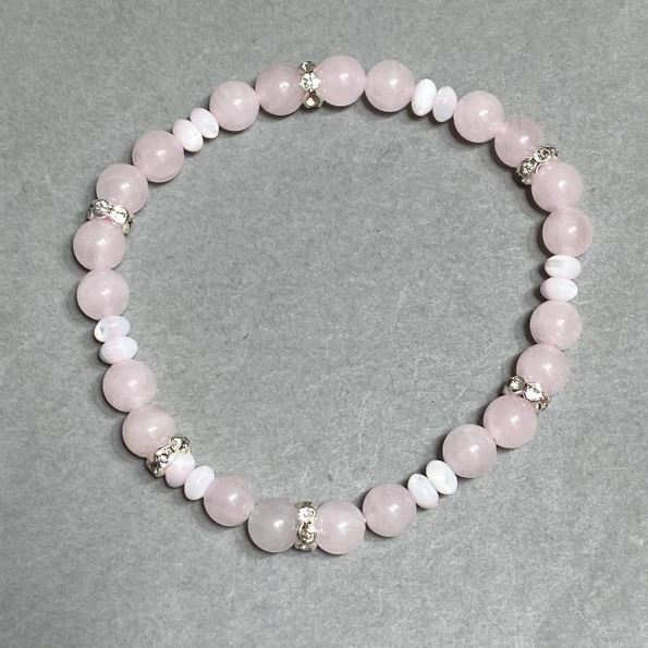 Bracelet Pink Quartz Bead 6mm+- Pearl Rondelle 5x3mm+-, length 18cm+- stretch