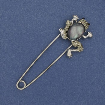 Brooch Pin Frog Cabochon with Crystals Silver Tone 80x27mm